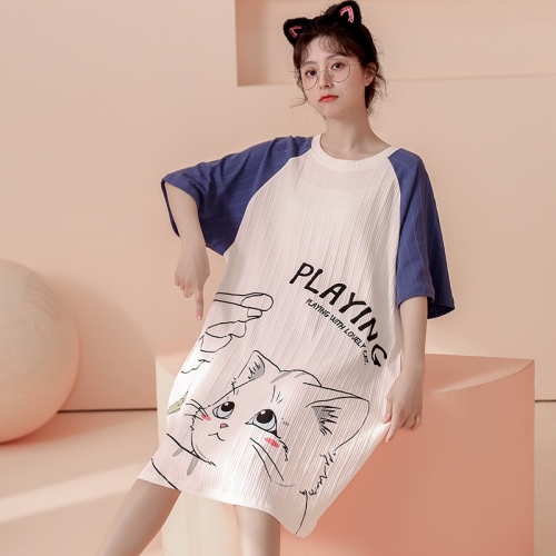 Real shooting of summer new combed cotton short sleeved nightdress Korean Sweet cartoon pajamas women's home clothes can be worn outside
