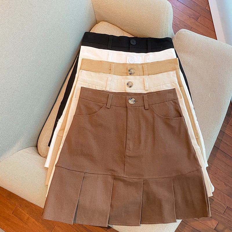 Real shooting A-line half length skirt women's dress Korean version high waist thin pleated skirt black versatile Hip Wrap short skirt