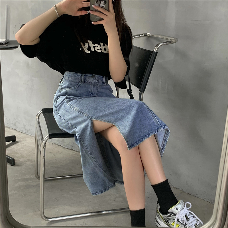 Denim skirt, half length skirt, women's spring and autumn design, 2022 medium length skirt, high waist wrap hip long skirt