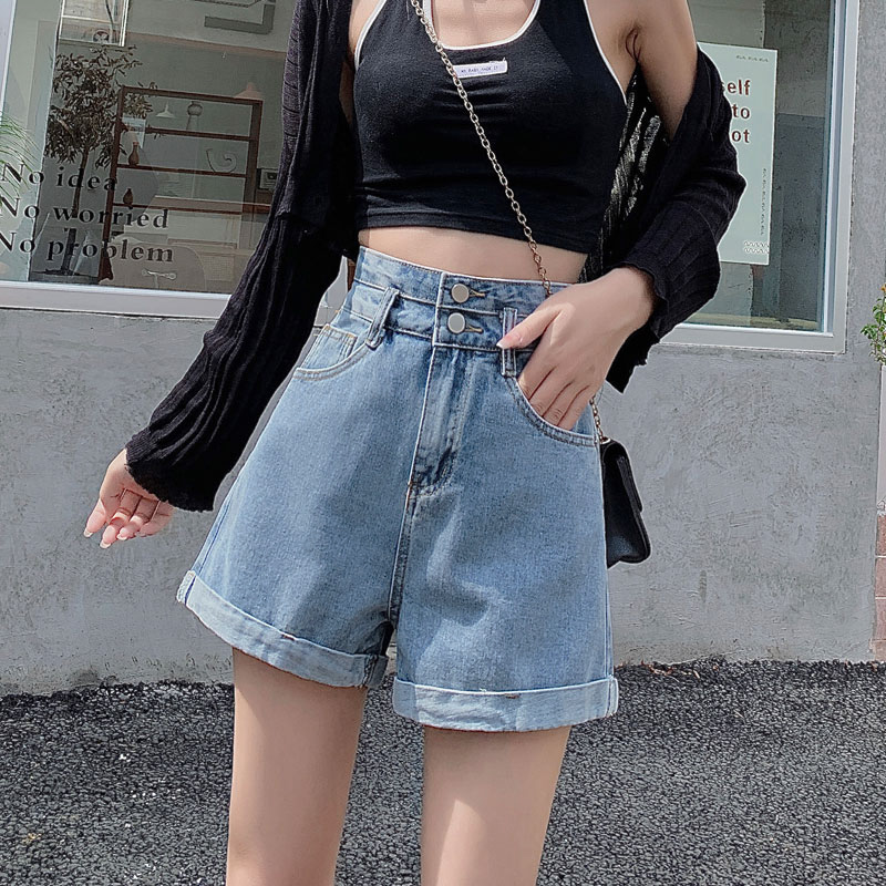 Summer 2022 new denim shorts women's high waist slim A-shaped design, versatile wide leg hot pants