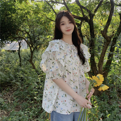 Real price Korean summer Retro Tea broken flower Feifei sleeve chic shirt
