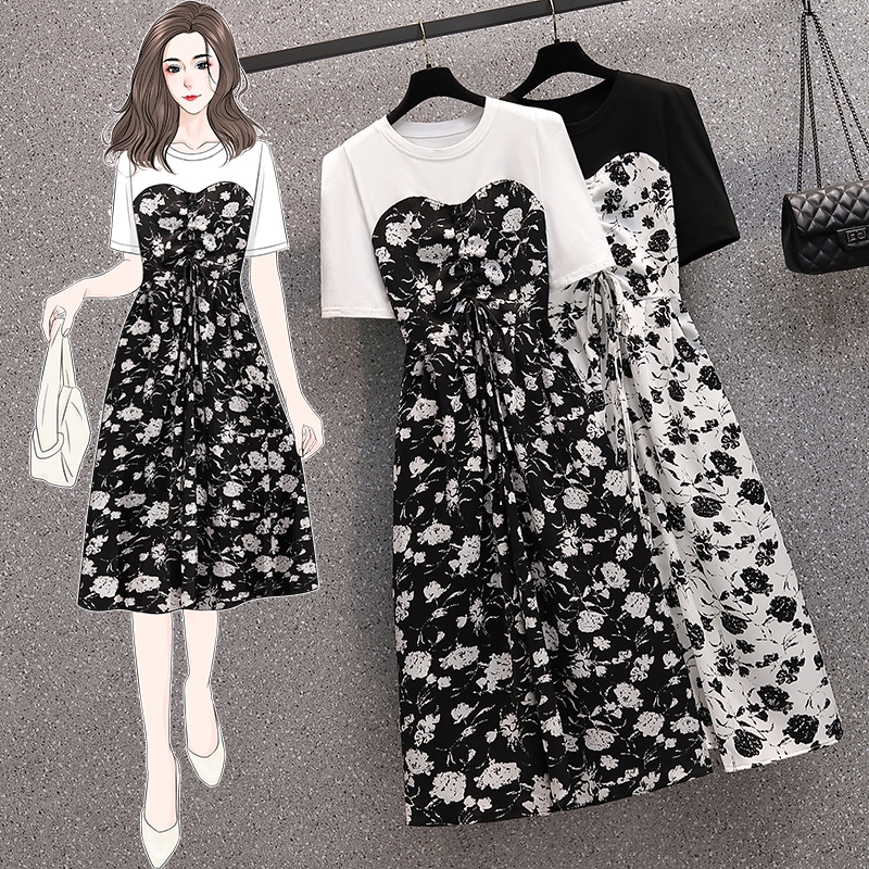 Real shot 2022 summer clothes new fat mm fashion versatile thin knot waist closing printed drawstring dress