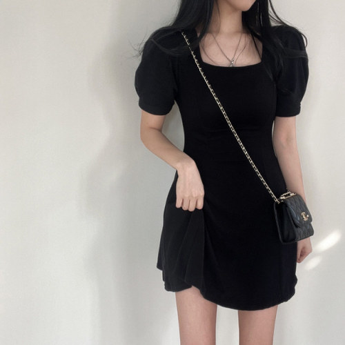 Korean chic summer new retro square neck bubble sleeve dress for women's small slim casual skirt