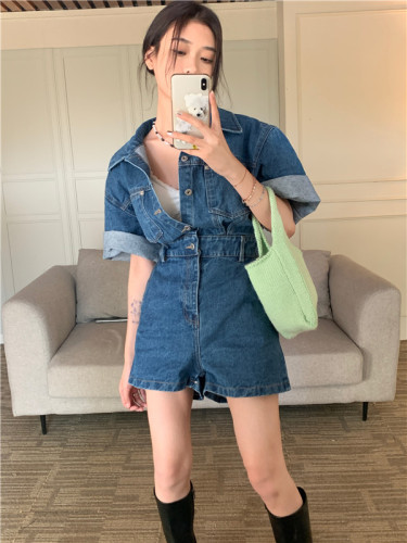 Real shot real price aging retro single breasted denim Jumpsuit Lapel Jumpsuit shorts