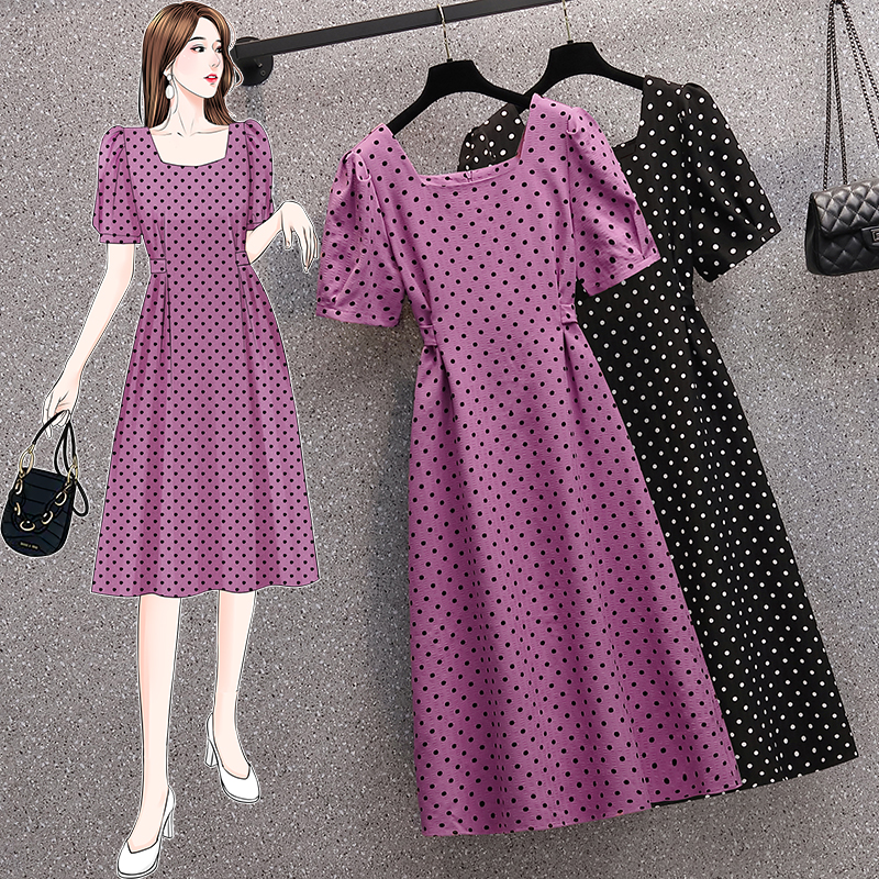 Real shot 2022 summer clothes new fat mm fashion versatile slim wave point waist aging dress