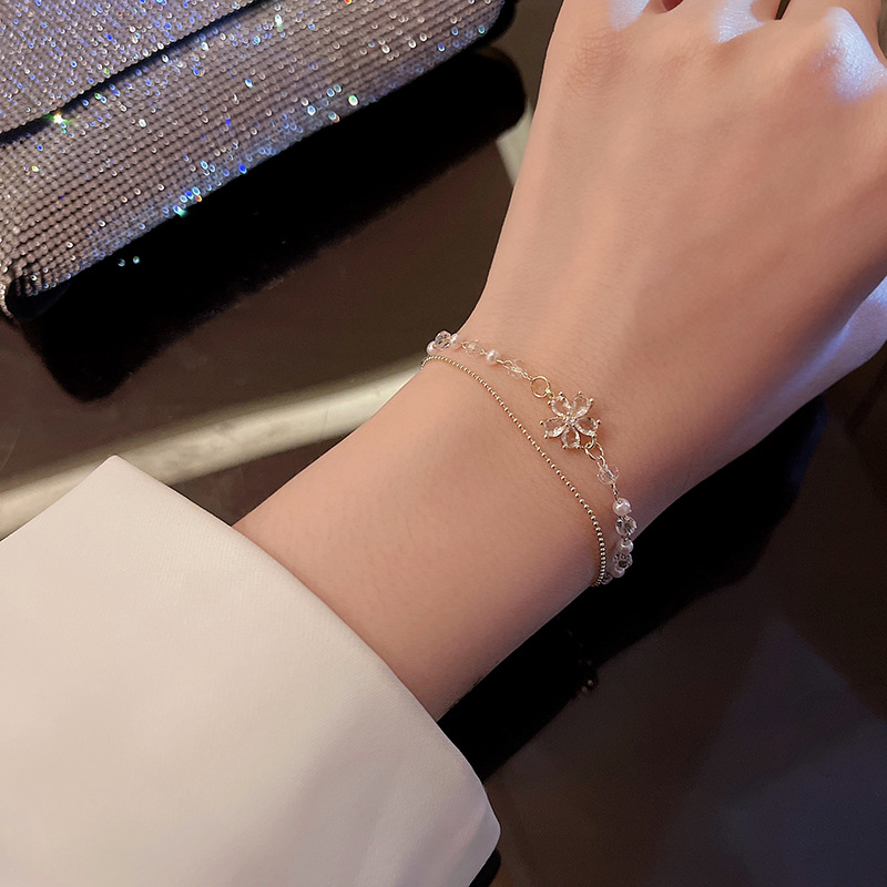 Real shot ins tide titanium steel double-layer Pearl Bracelet female exquisite zircon Flower Pendant Bracelet