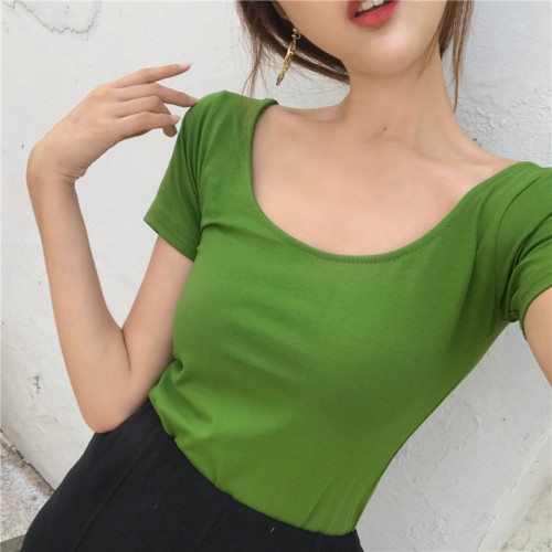 Short-sleeved T-shirt with U-collar and exposed back and new tight half-sleeve T-shirt for Xia 2018