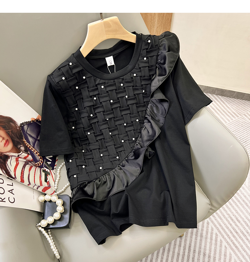 Spring and summer new nail beads are thin, woven stitching Ruffle round neck short sleeve T-shirt women's top
