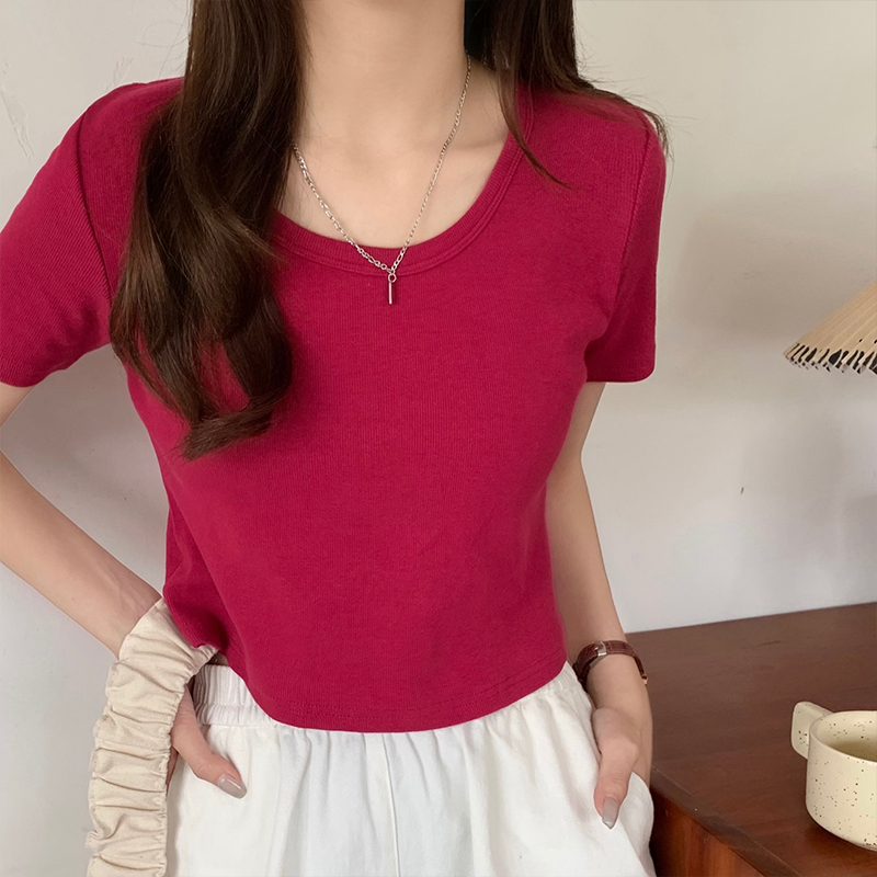 Foreign style thin U-neck black short sleeve T-shirt slim fit fashionable versatile short top women's high waist chic summer new style