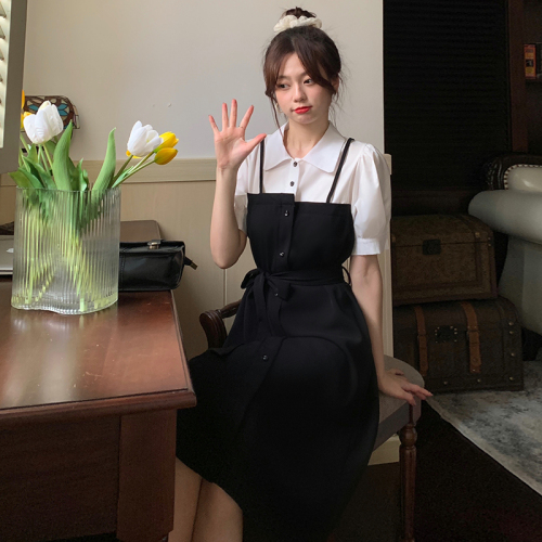 Real shot Vintage Hepburn black and white stitching fake two-piece dress Korean lace up waist shirt skirt female