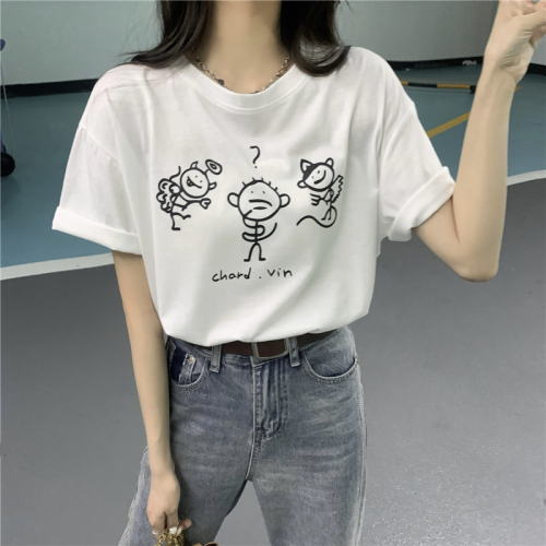 Real price  Vintage Hong Kong style small match man pattern T-shirt loose round neck short sleeve top