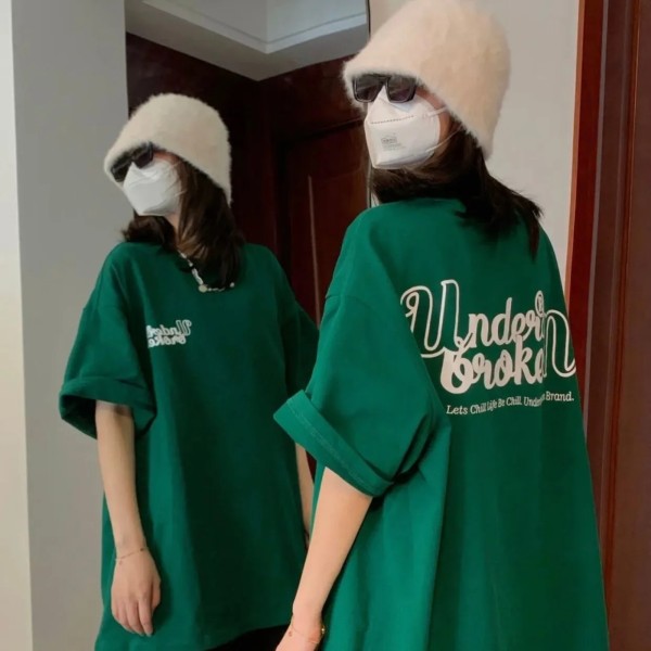 Cotton 2022 spring and summer American retro dark green T-shirt trend male and female lovers lazy wind students