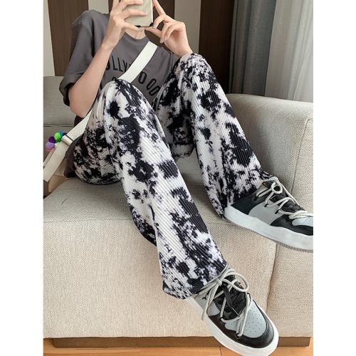 Ink tie dyed wide legged trousers for women in summer thin, loose, straight tube, thin, high waist, hanging feeling, ice silk casual floor pants