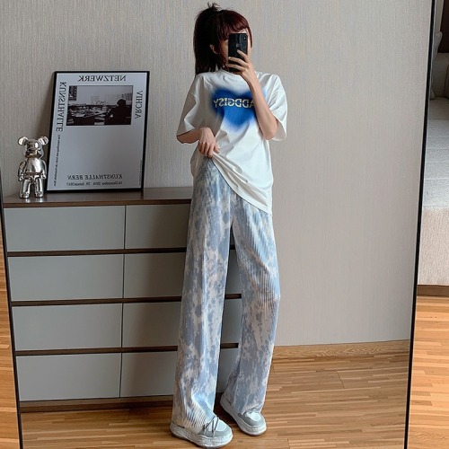 Ink tie dyed wide legged trousers for women in summer thin, loose, straight tube, thin, high waist, hanging feeling, ice silk casual floor pants