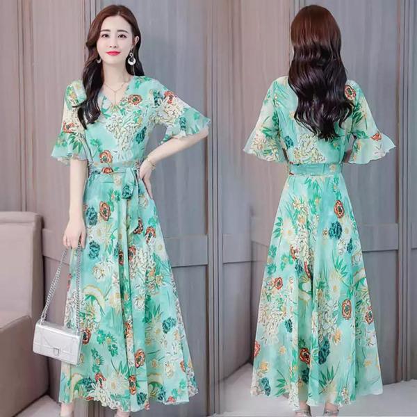 Long skirt dress summer new middle-aged large size slim Fairy Print Skirt summer