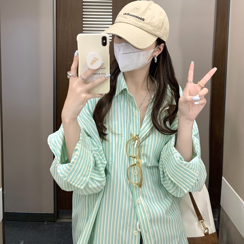Official figure real price polo collar Stripe Shirt women's design sense loose thin BF style sunscreen cardigan