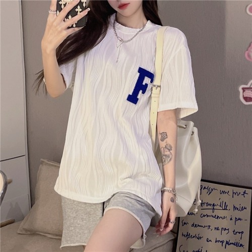 Real price 100 fiber new American style ice towel embroidered short sleeved T-shirt women's Gangfeng high street summer