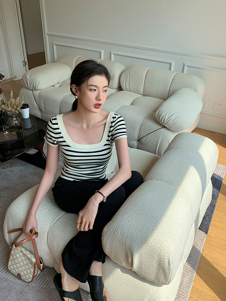Xia 2022 new style square neck striped short sleeve thread knitted skirt slim fit Hip Wrap Dress for women
