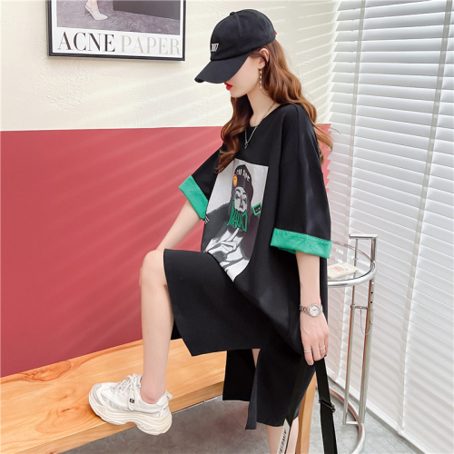 Real shooting of fried Street trend Korean cotton medium long loose new printed short sleeved T-shirt women's large women's blouse