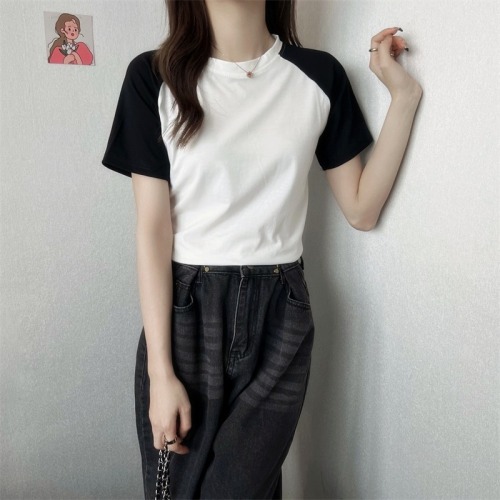 Real shooting cotton 2022 new summer clothes contrast color short sleeve T-shirt women's high waist short style niche top