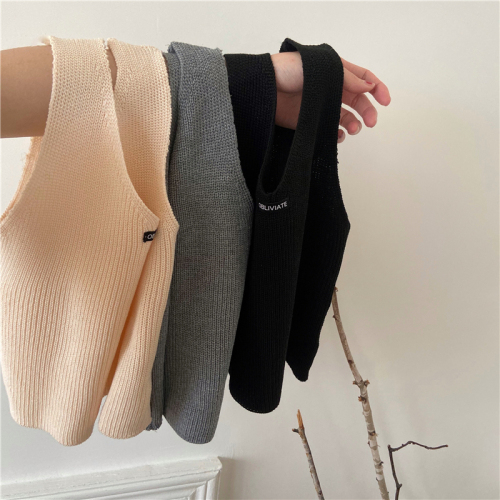 Real shot real price Korean slim fit short sleeveless knitted Vintage vest for women's versatile bottomed top