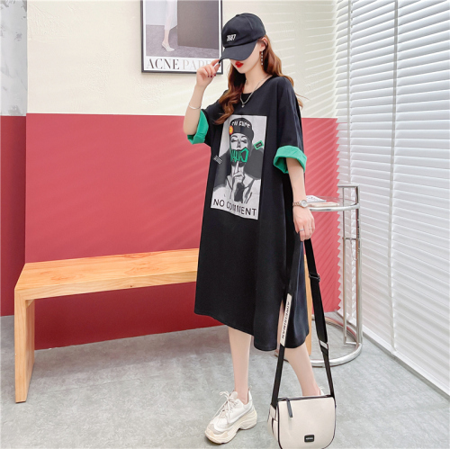 Real shooting of fried Street trend Korean cotton medium long loose new printed short sleeved T-shirt women's large women's blouse