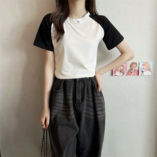 Real shooting cotton 2022 new summer clothes contrast color short sleeve T-shirt women's high waist short style niche top