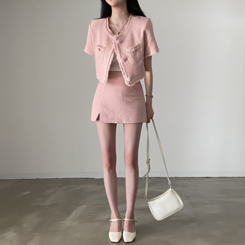 Korean ins pink girl romantic date tweed short coat + Hip Wrap Skirt two-piece suit