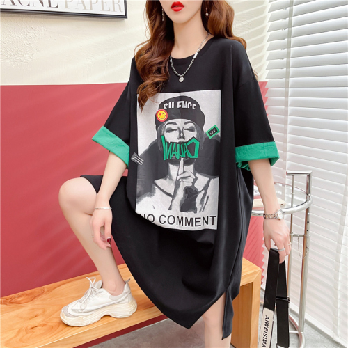 Real shooting of fried Street trend Korean cotton medium long loose new printed short sleeved T-shirt women's large women's blouse