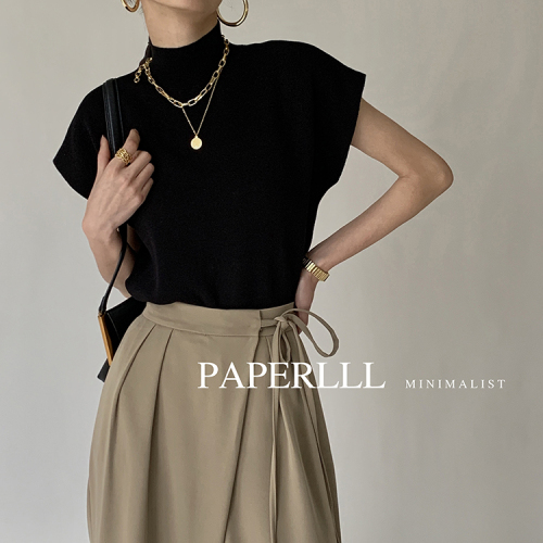 Paperlll half high neck waistcoat knitted vest women's T-shirt loose new short sleeved top summer