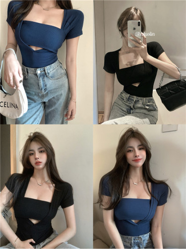 Real price ~ pure desire Spice Girl square neck hollow out sexy tight fake two pieces of design sense versatile Knitted Top