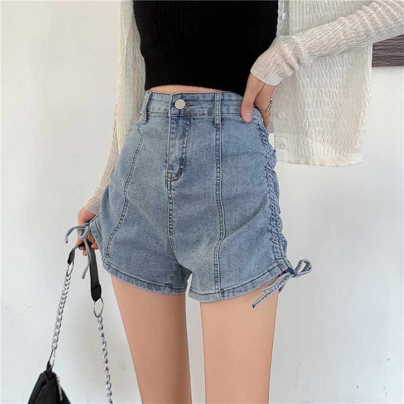 Real shooting and real price design sense high waist drawstring hip wrapped denim shorts hot pants