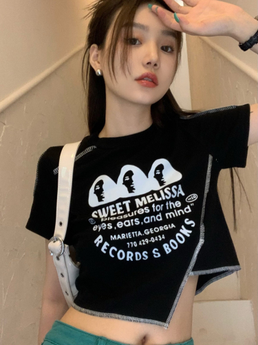 Real shooting summer clothes pure desire style Spice Girl letter printing asymmetric bright line front shoulder Short Sleeve T-Shirt Top Female