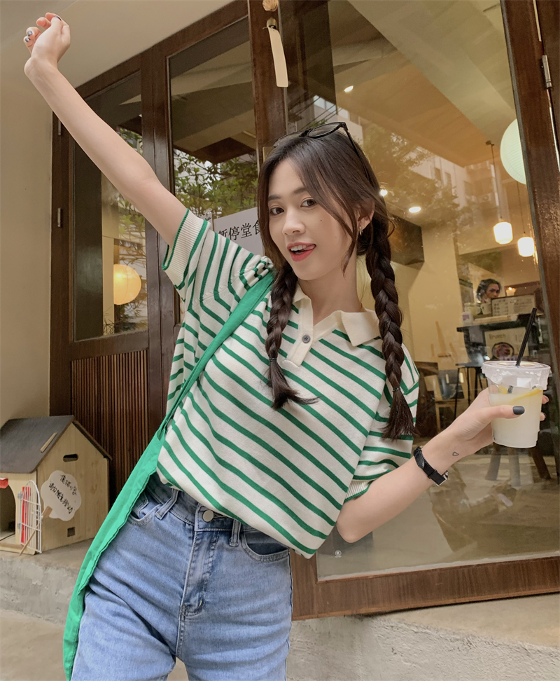 Real price striped knitted short retro versatile top sweet cool polo women's shirt