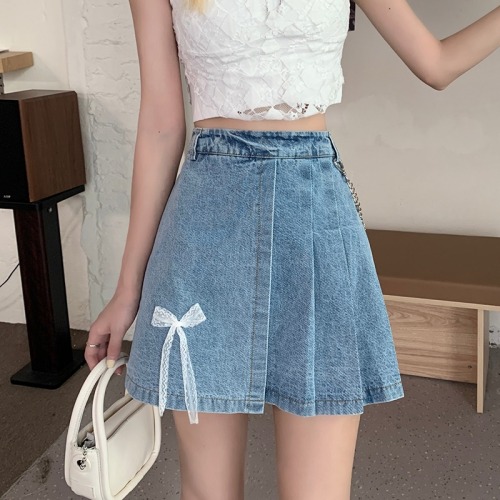 Non real shooting spring and summer pure desire Spice Girl lace bow pleated denim skirt high waist skirt