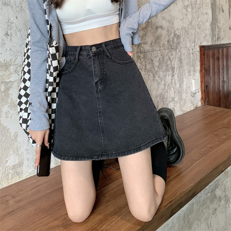 Black grey Denim Short Skirt women's summer 2022 new high waist A-shaped slim Hip Wrap Skirt trend