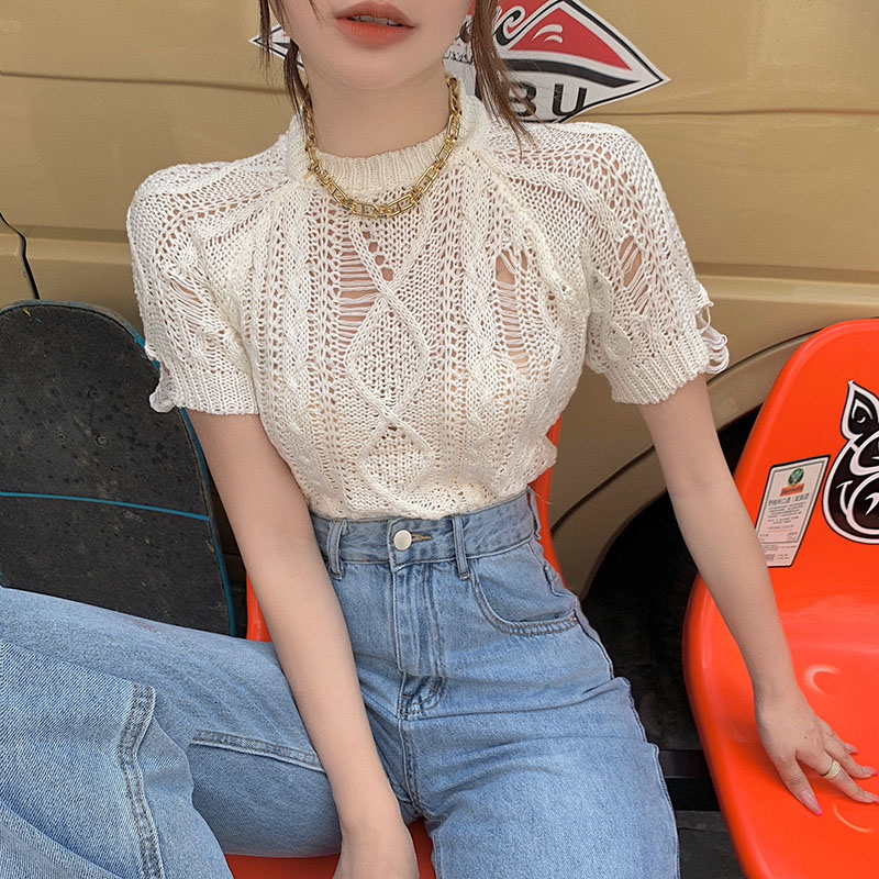 Real price! Fashion loose and versatile hole hollowed out Knitted Top short sleeve women's summer thin style