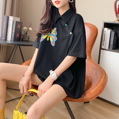 Real shooting fried Street cotton medium and long embroidered butterfly polo collar short sleeve T-shirt women's new large women's wear