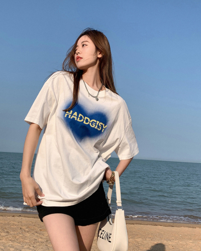 Real cotton 2022 new love lovely fashion versatile short sleeve printed Korean T-shirt women