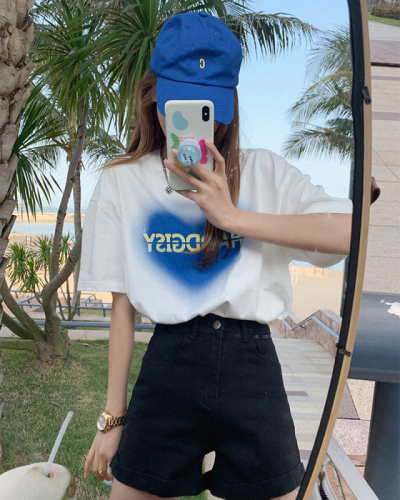 Real cotton 2022 new love lovely fashion versatile short sleeve printed Korean T-shirt women