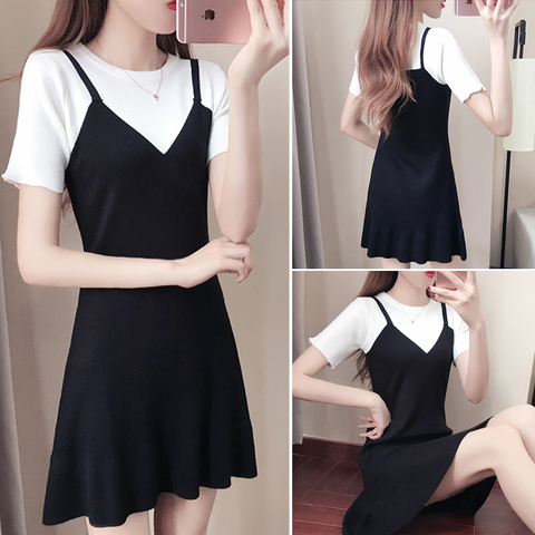  black bottomed skirt suspender vest skirt female summer wear short sleeved dress A-line skirt fake two small black skirts