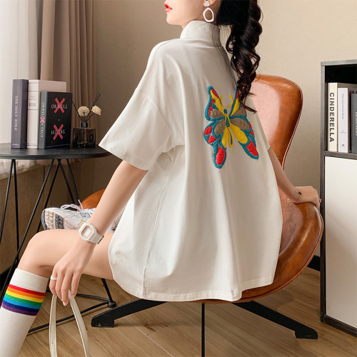 Real shooting fried Street cotton medium and long embroidered butterfly polo collar short sleeve T-shirt women's new large women's wear