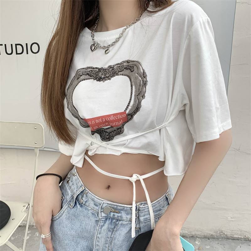 Real shot 2022 new Korean versatile sweet Spice Girl navel exposed bandage short sleeve T-shirt women's design top