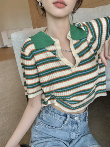 Vintage striped knitwear thin summer niche design short polo collar T-shirt women's chic short sleeved top