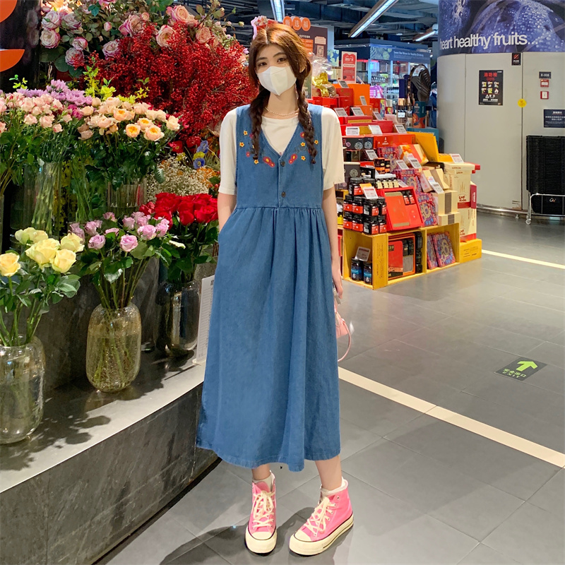 Summer 2022 new French sweet design, waist closing and thin denim skirt dress for women