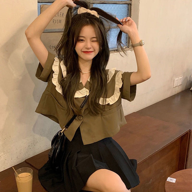 Doll collar double layer short sleeve shirt women's summer 2022 new French design Chiffon short shirt