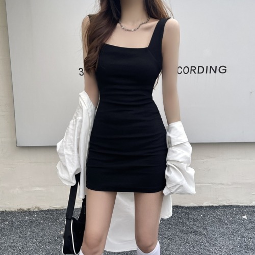Real price 100% fiber summer dress square neck dress women's slim suspender small black skirt