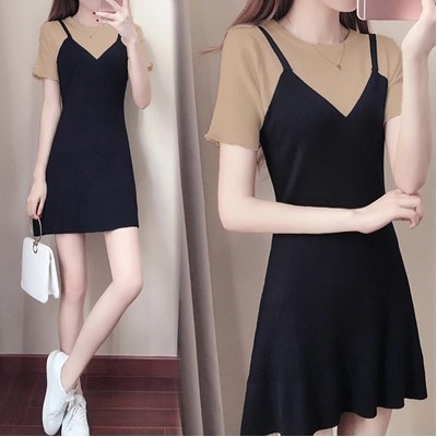  black bottomed skirt suspender vest skirt female summer wear short sleeved dress A-line skirt fake two small black skirts