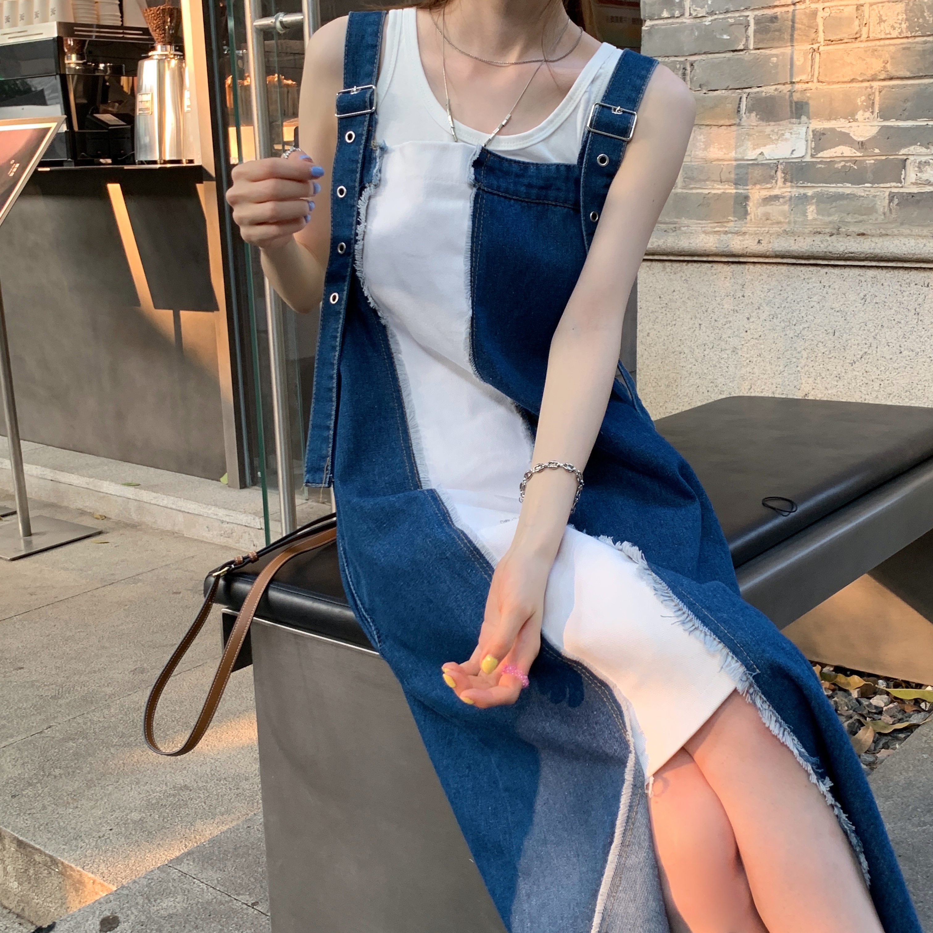 Real price ~ splicing color contrast design sense of minority long dress thin denim strap skirt women's summer dress
