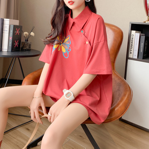 Real shooting fried Street cotton medium and long embroidered butterfly polo collar short sleeve T-shirt women's new large women's wear